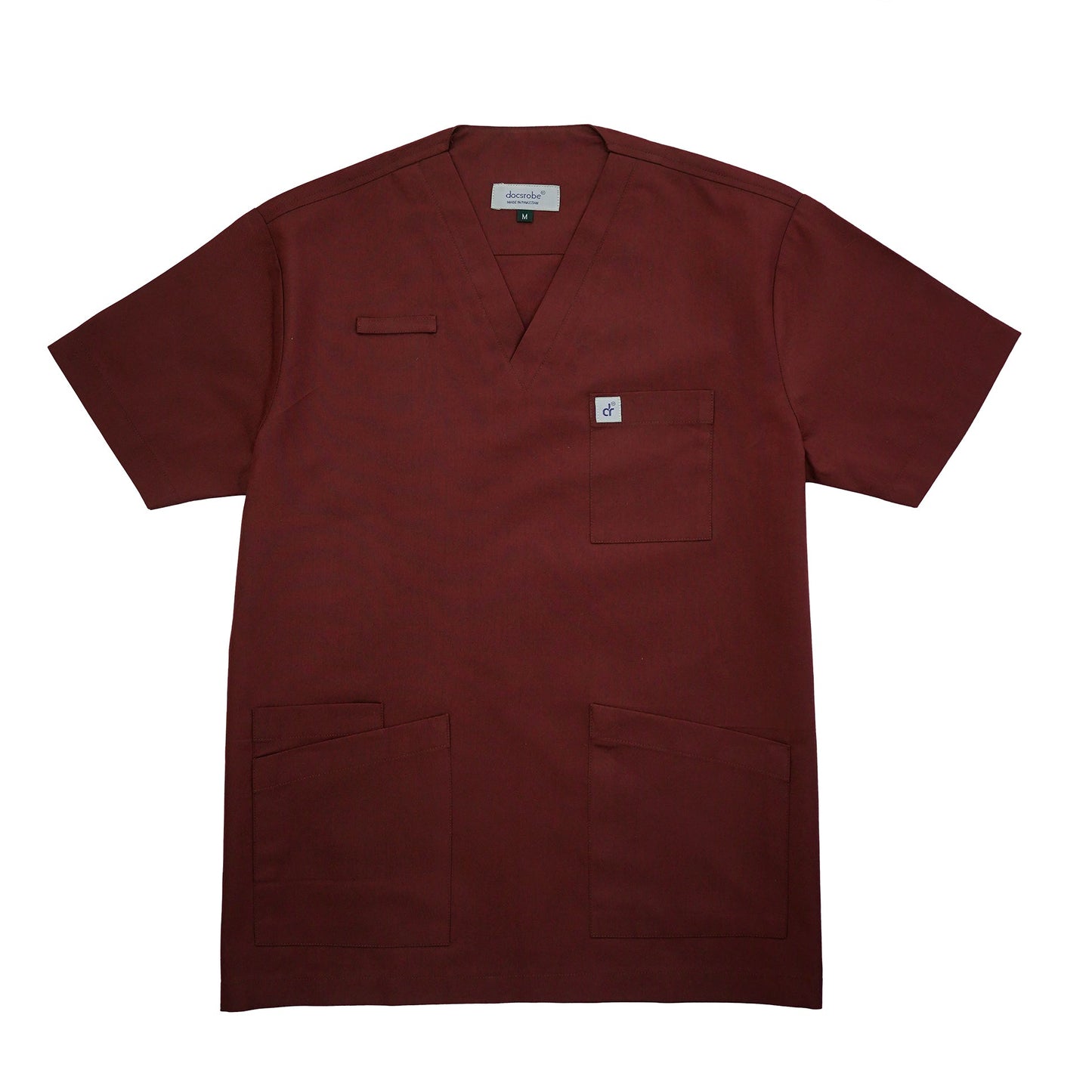 Maroon scrub top with a small logo on a white background